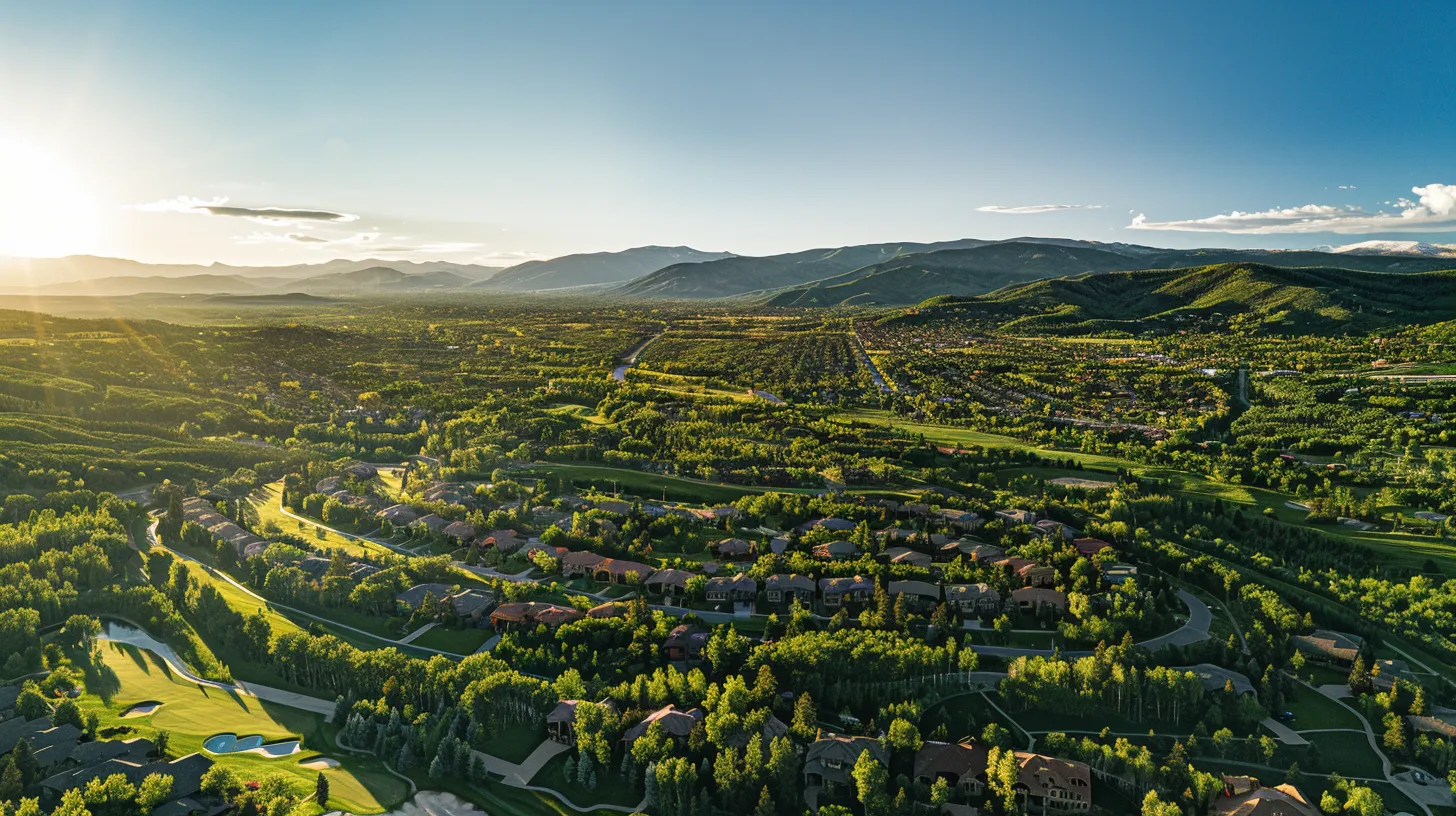 a breathtaking panoramic view of conifer, co, showcasing vibrant green forests and majestic mountains under a clear blue sky, symbolizing the allure of the area's natural beauty and its positive influence on property values.