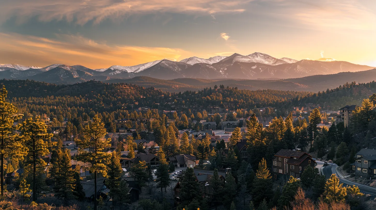 a panoramic view of conifer, colorado, showcasing a charming mountain town with picturesque homes nestled among towering pine trees and dramatic snow-capped peaks, illuminated by a golden sunset casting warm light across the landscape.