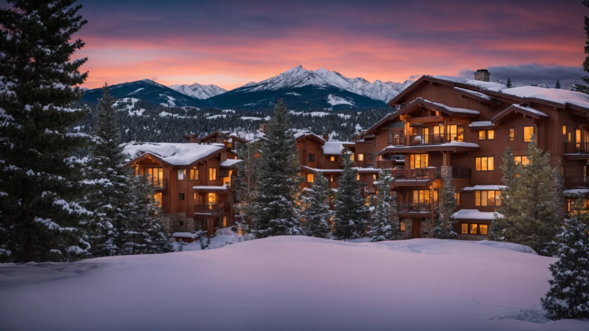 a panoramic view of the picturesque conifer, co, showcasing a thriving housing market surrounded by majestic pine trees and snow-capped mountains, with a vibrant sunset casting warm hues over the tranquil neighborhood.