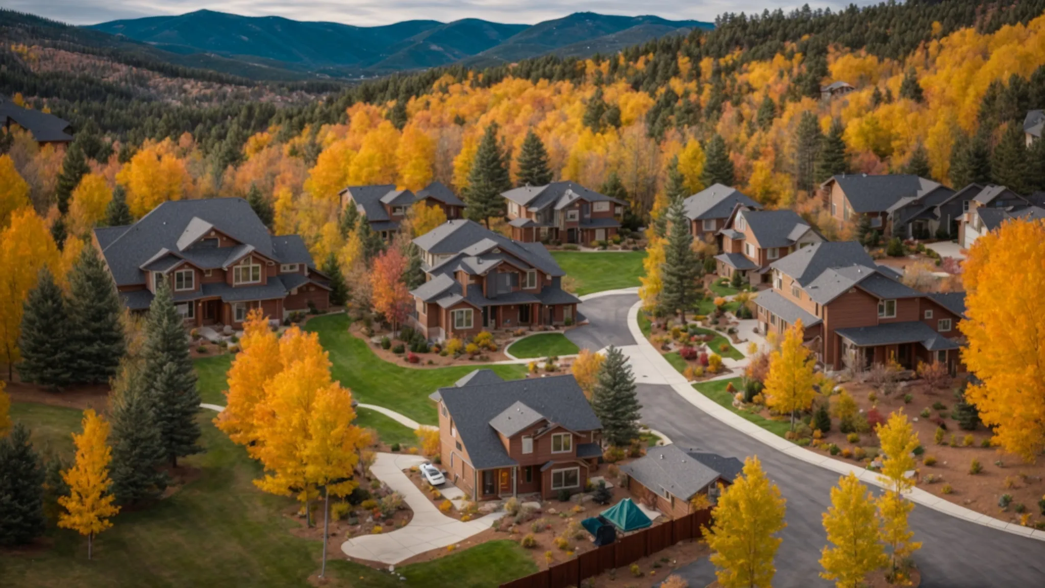 a picturesque view of a modern suburban neighborhood in conifer, co, featuring spacious homes with dedicated workspaces, framed against a backdrop of vibrant autumn foliage, capturing the essence of evolving housing trends and community growth.