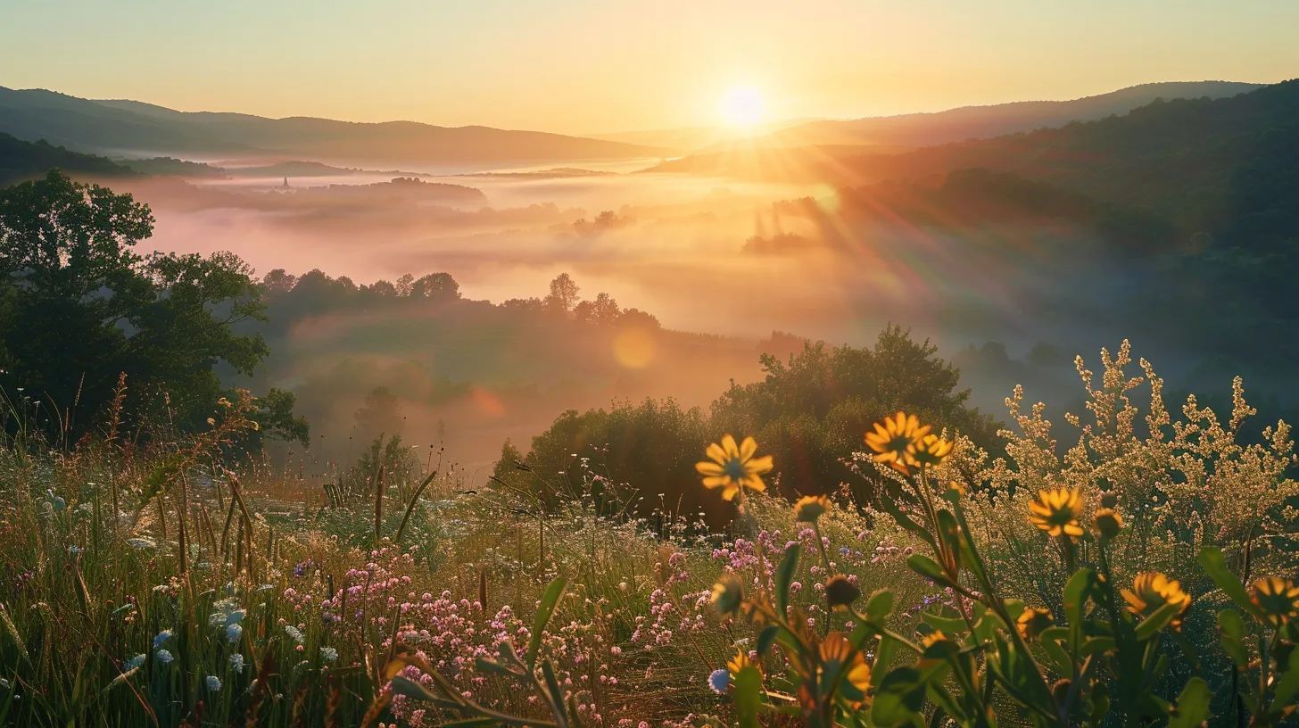 a breathtaking sunrise illuminates a serene mountain landscape, casting golden light on the misty valley below, while vibrant wildflowers bloom in the foreground.