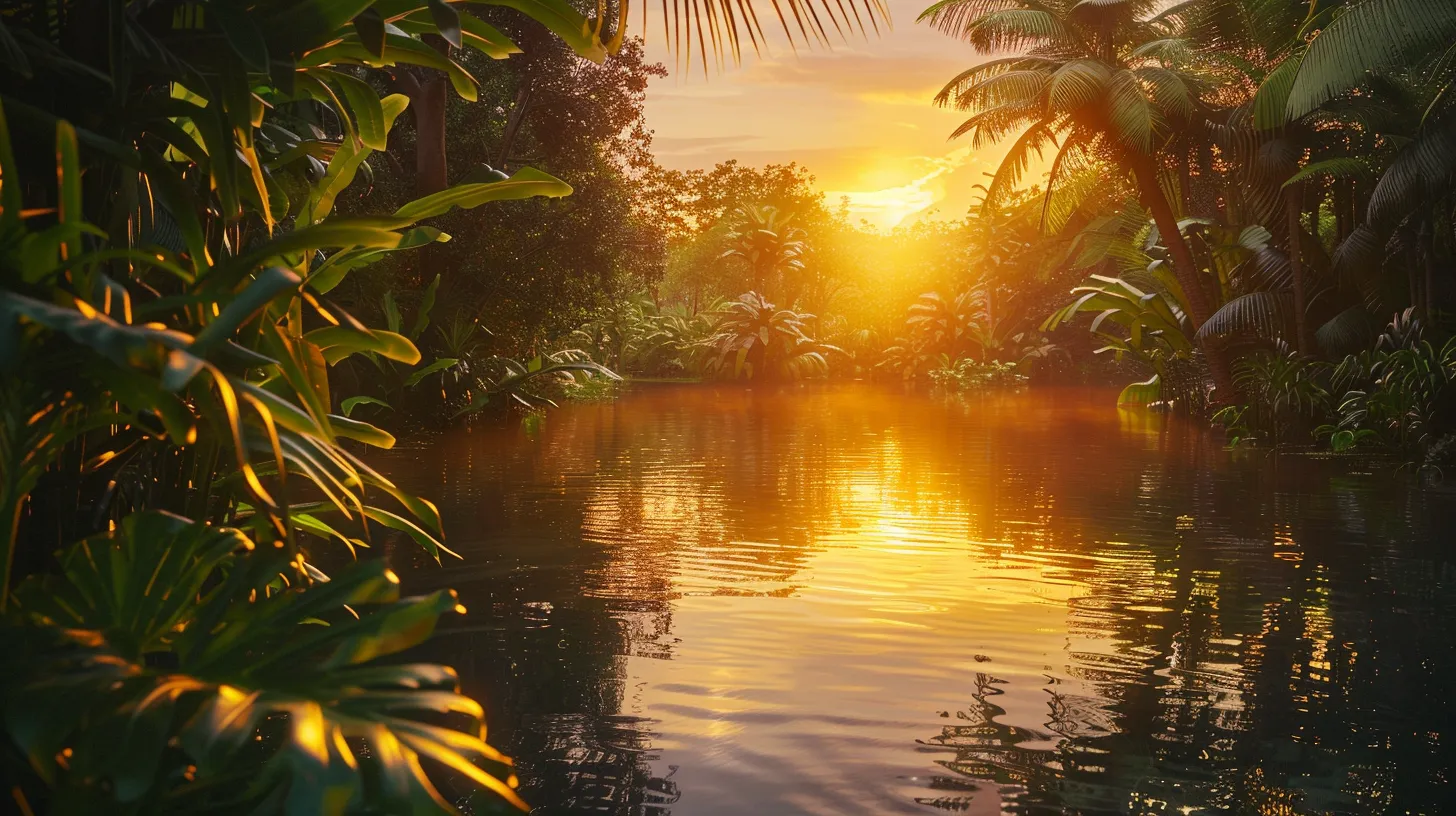 a breathtaking sunset casts a warm golden glow over a tranquil lake, with vibrant reflections of fiery orange and deep purple hues shimmering on the water's surface, surrounded by lush greenery.