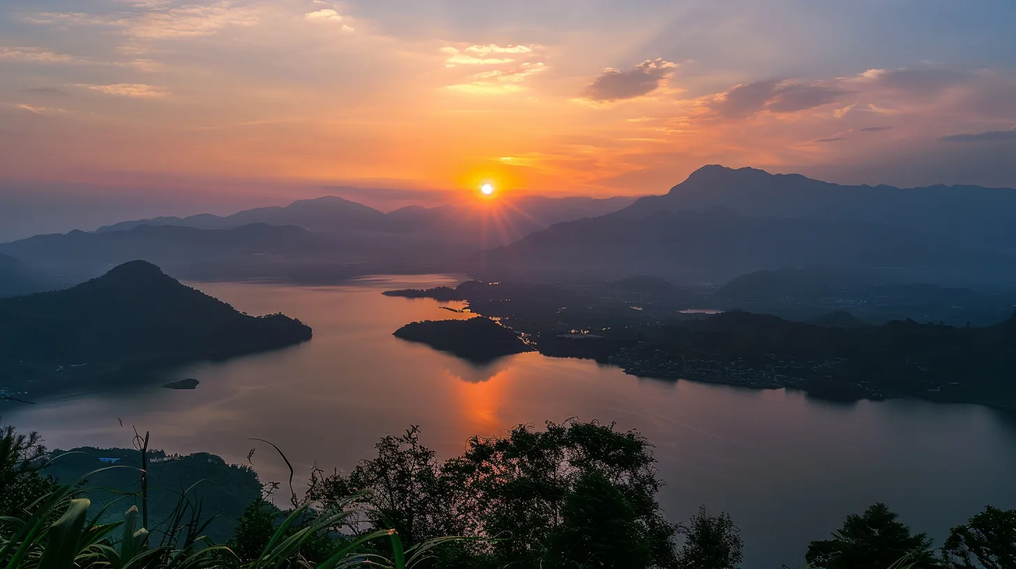 a breathtaking sunset casts a warm golden hue over a tranquil lake, with silhouettes of majestic mountains framing the horizon under a vivid, artistically blended sky.