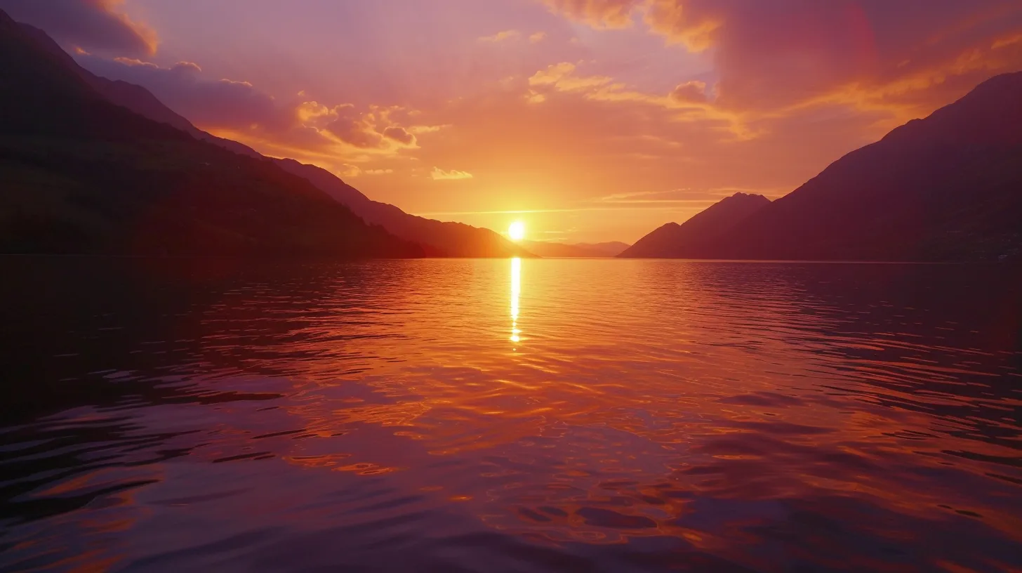 a breathtaking sunset casts a warm golden glow over a serene lake, reflecting vibrant hues of orange and purple in the tranquil waters.