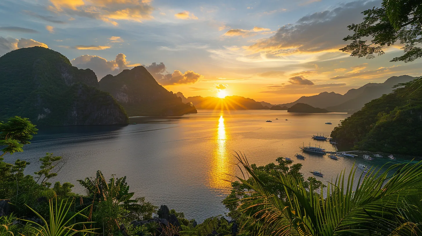 a breathtaking sunset casts a warm golden glow over a tranquil lake, surrounded by towering mountains and lush, vibrant greenery.