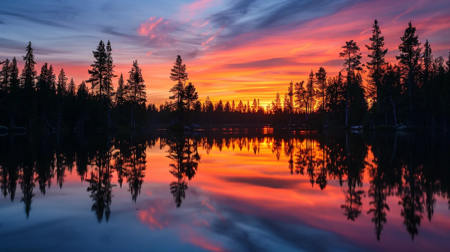 a breathtaking sunset casts vibrant hues of orange and pink across a tranquil lake, reflecting the silhouettes of towering pine trees along the shoreline.