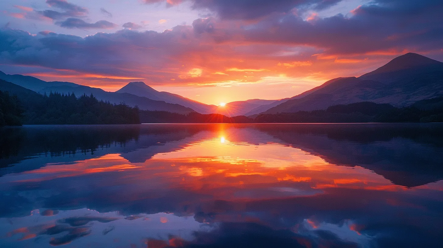 a breathtaking sunset casts vibrant hues of orange and purple over a serene mountain landscape, reflecting beautifully in a tranquil lake below.