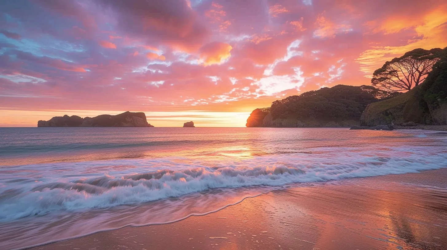 a breathtaking sunset illuminates a tranquil beach, casting vibrant hues of orange and pink across the sky, with gentle waves lapping at the shore.