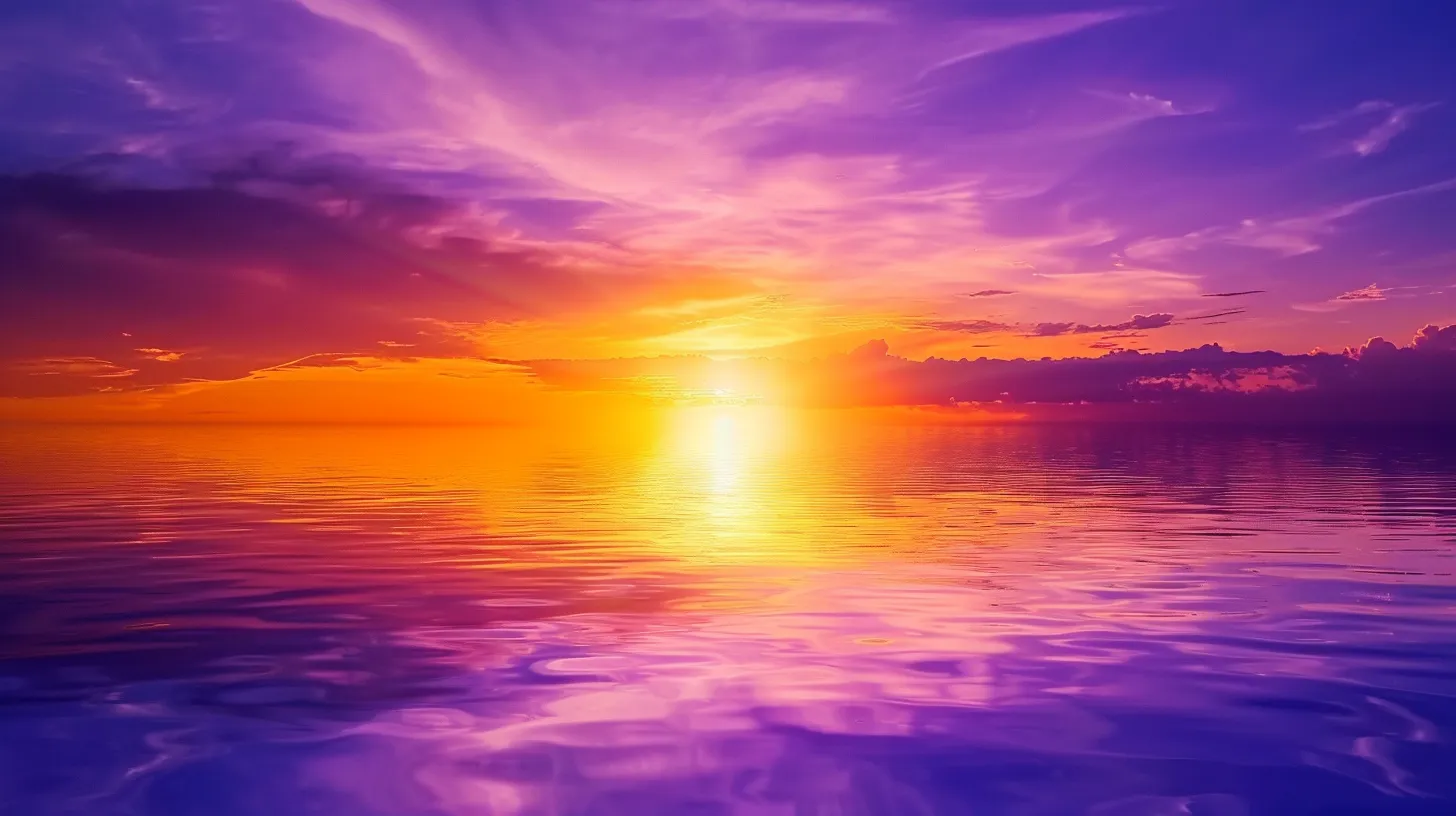 a breathtaking sunset paints the sky in vibrant hues of orange and purple, casting a warm glow over a tranquil lake reflecting the mesmerizing colors.