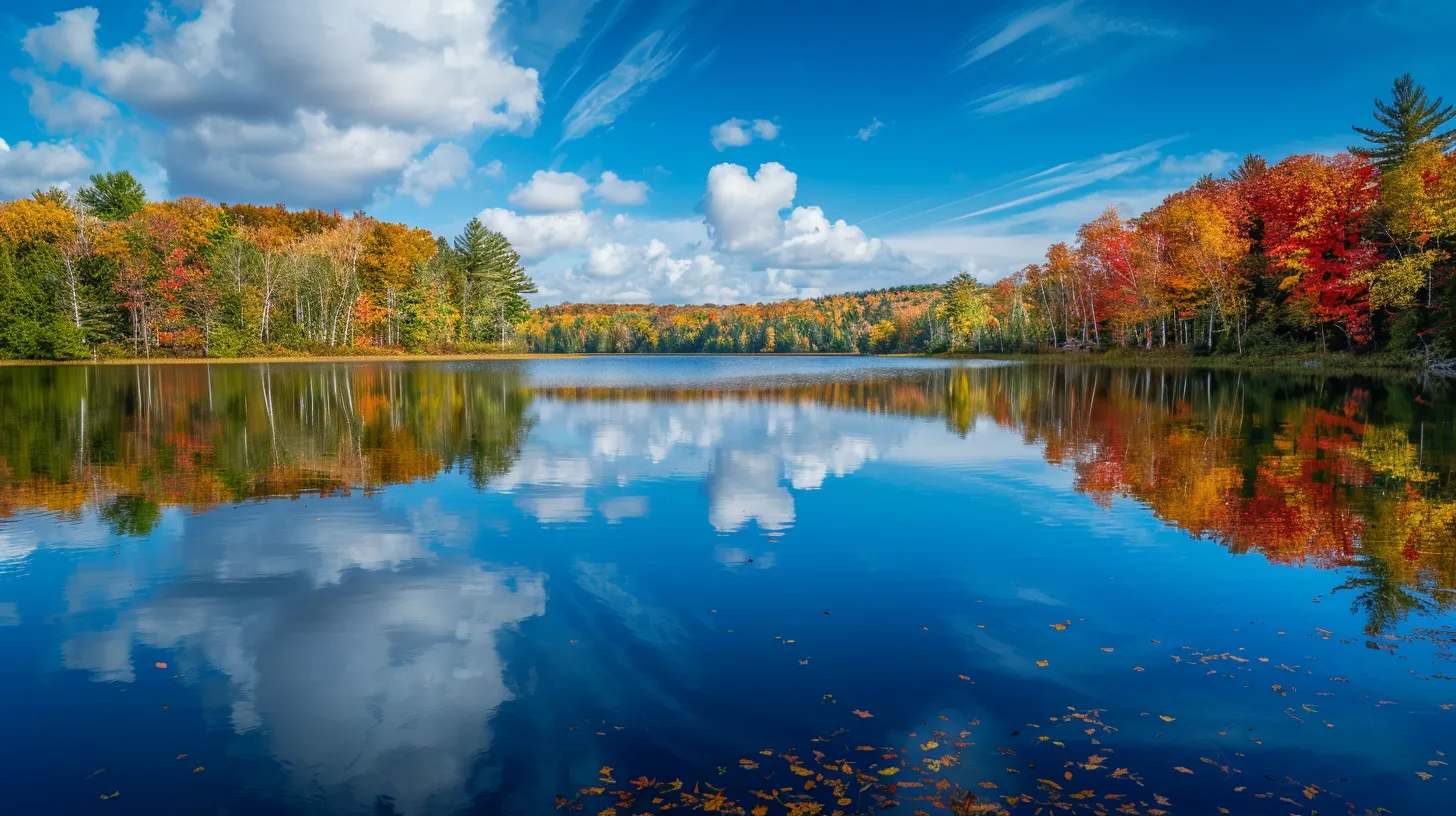 a crystal-clear lake reflects the vibrant autumn foliage, with golden and crimson leaves contrasting against the serene blue sky, capturing the essence of a tranquil fall day.