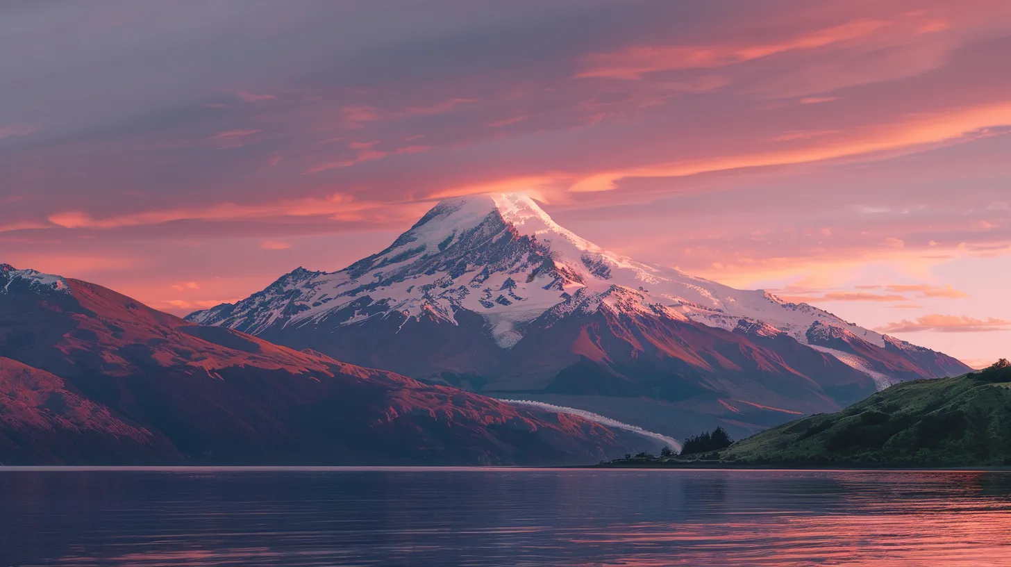 a majestic snow-capped mountain rises dramatically against a vibrant sunset sky, reflecting brilliant hues of orange, pink, and purple in a serene lake below.