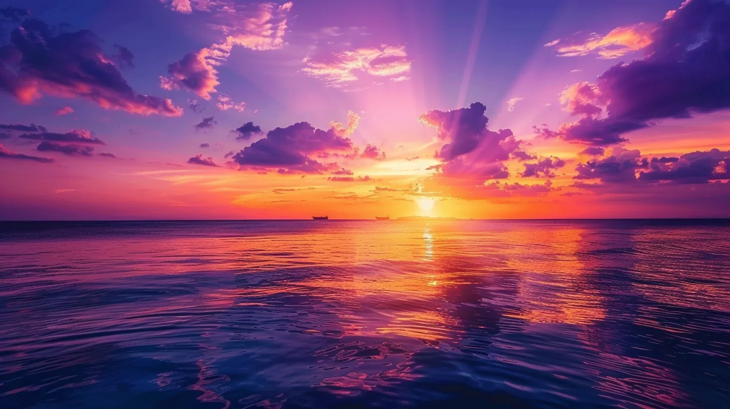 a majestic sunset casts vibrant hues of orange and purple over a tranquil ocean, with silhouettes of distant islands rising against the colorful sky.