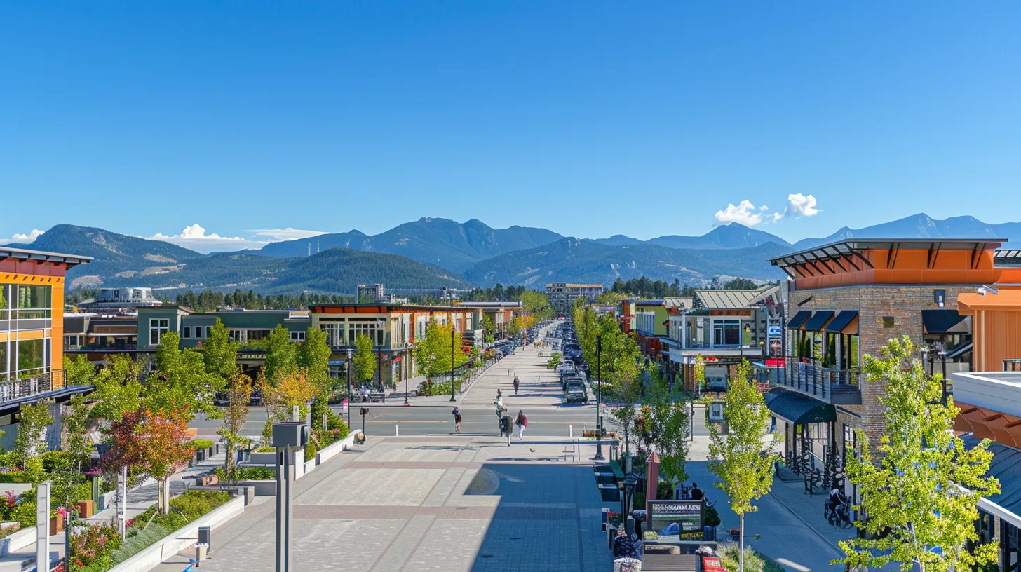 a panoramic view of a vibrant real estate market in conifer, showcasing a bustling town center with diverse properties, lush greenery, and striking mountain peaks in the background under a clear blue sky.