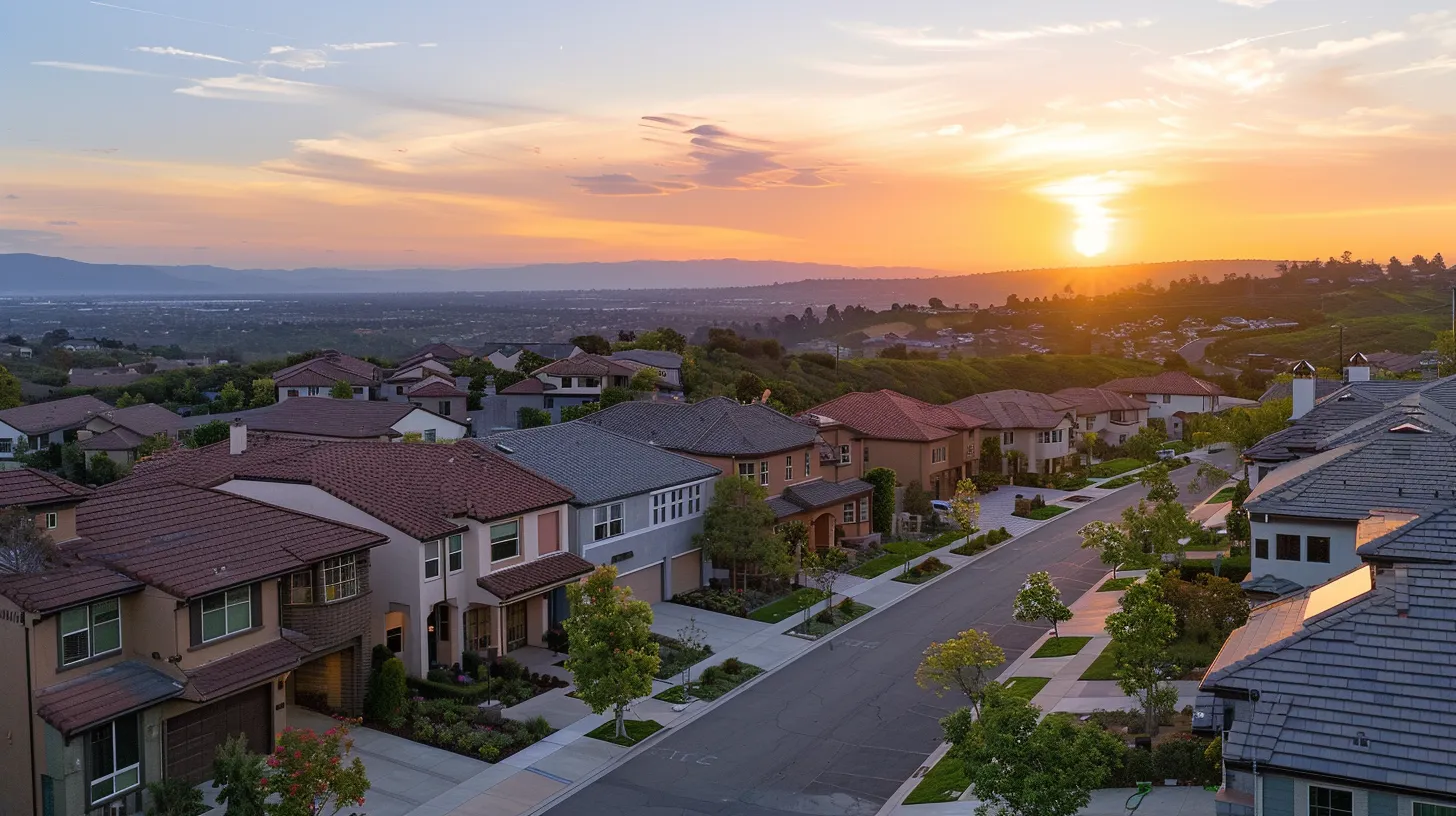 a panoramic view of a modern sustainable neighborhood, featuring eco-friendly homes surrounded by lush greenery, with a dramatic sunset casting a warm glow, symbolizing the impact of climate change on real estate values and community resilience.