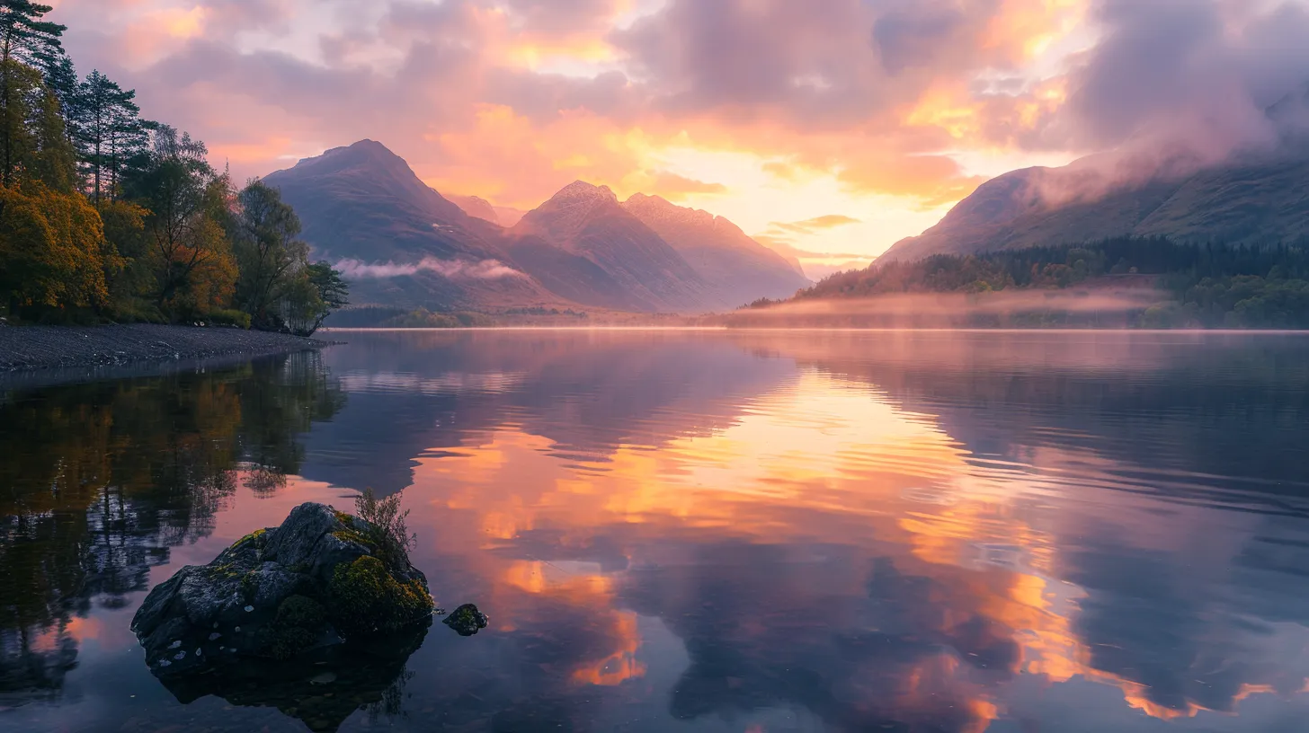 a serene landscape unfolds at dawn, with vibrant orange and pink hues reflecting on a tranquil lake surrounded by majestic mountains, creating a breathtaking atmosphere of early morning calm.