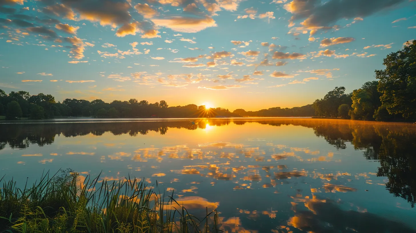 a serene sunrise casts a golden light over a tranquil lake, reflecting the vibrant colors of the sky and surrounding lush greenery, creating a peaceful and harmonious atmosphere.