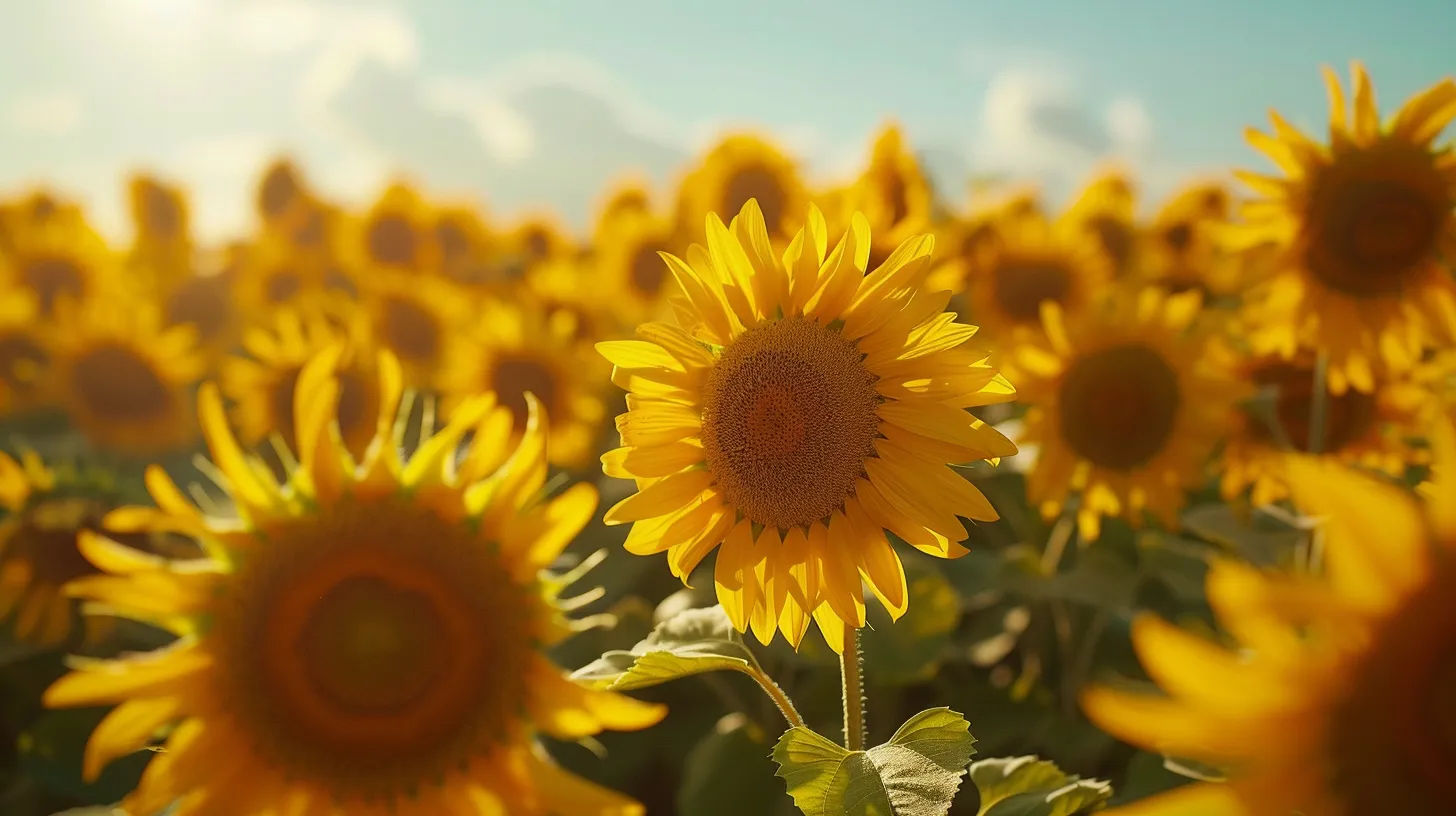 a vibrant sunflower field stretches toward the horizon under a radiant blue sky, with golden petals shimmering in the sunlight, creating an enchanting visual of nature's beauty.