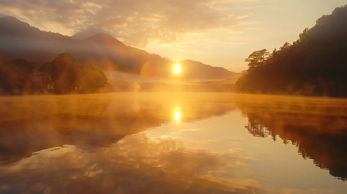 a vibrant sunrise casts golden light over a serene, mist-covered lake, with majestic mountains reflecting perfectly in the still waters, creating an ethereal atmosphere of tranquility and harmony.