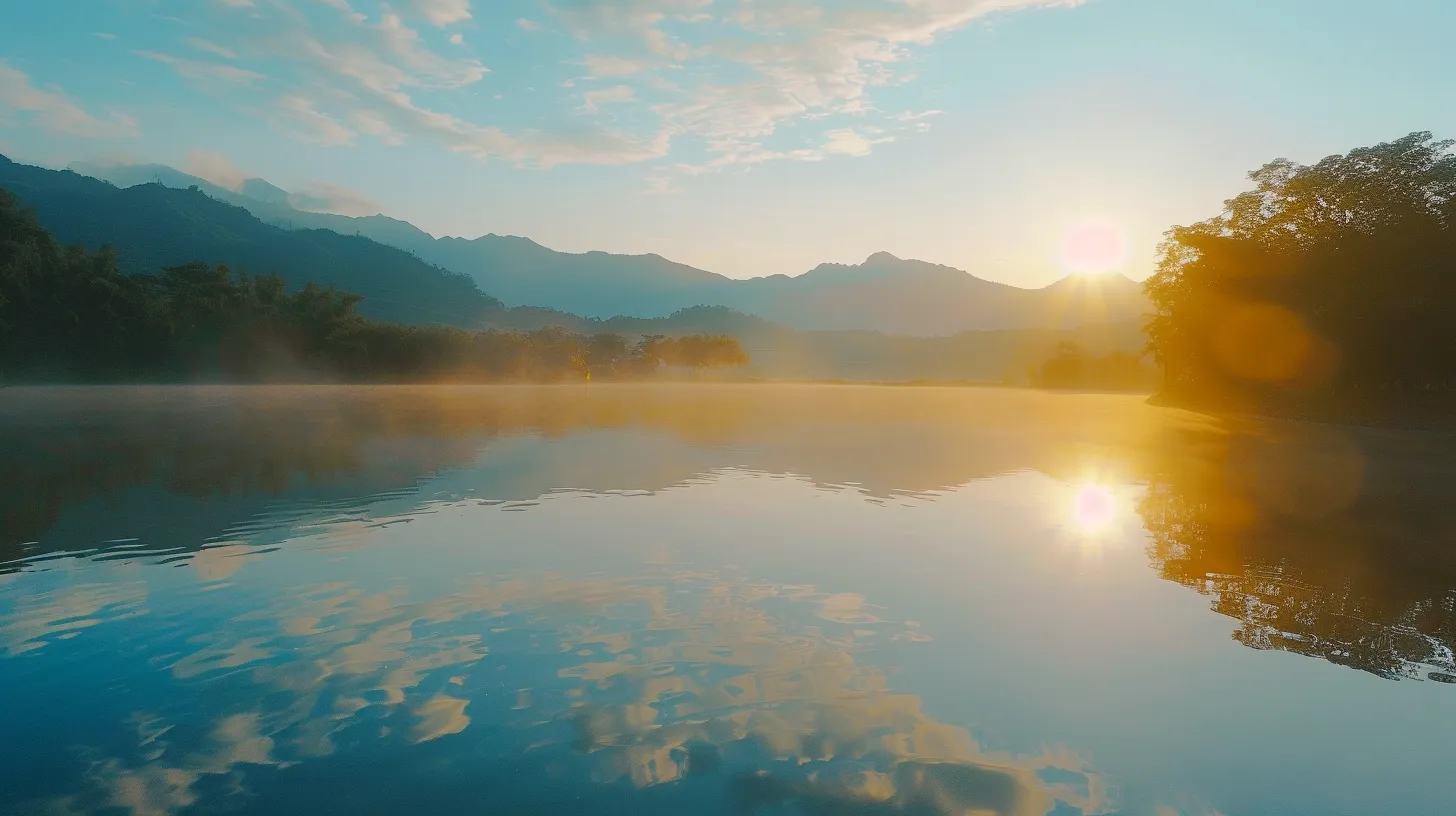 a vibrant sunrise lights up a tranquil, mist-covered lake, with majestic mountains reflecting in the still waters, creating a serene and harmonious landscape.