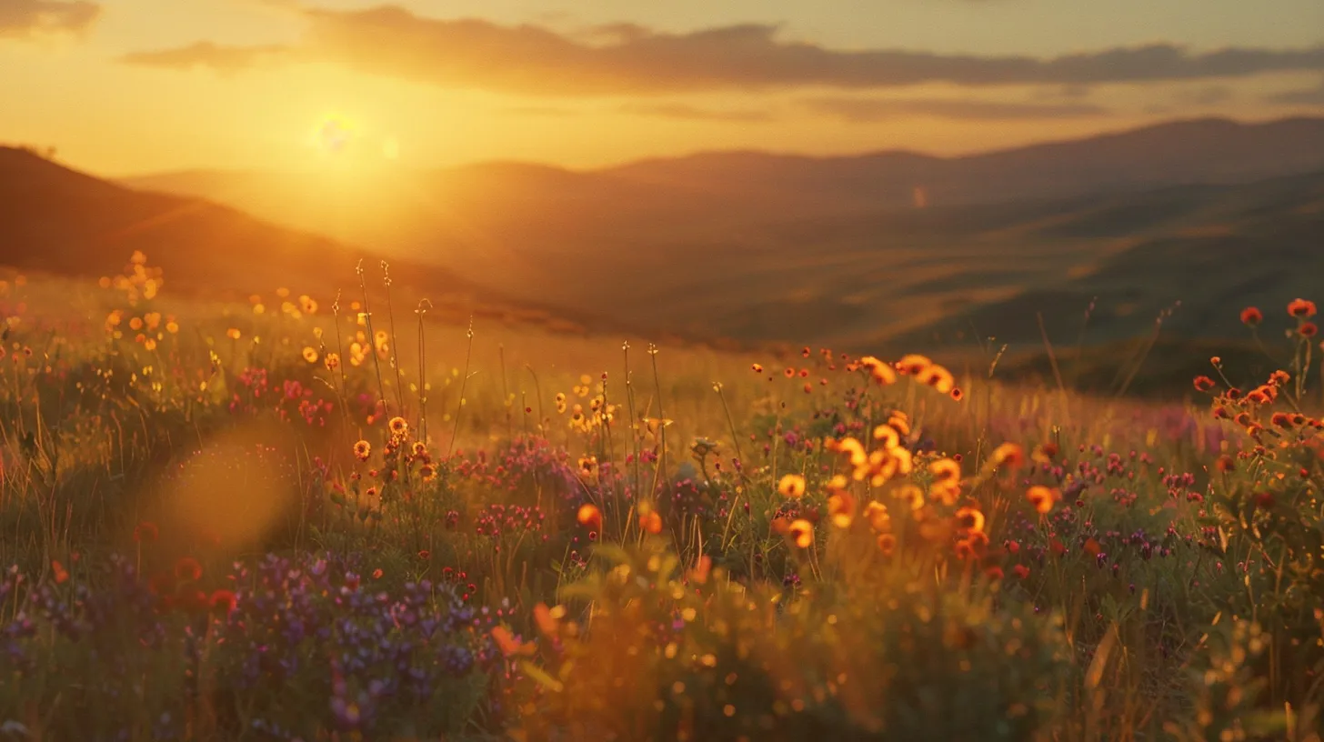 a vibrant sunset casts a warm glow over a serene landscape of rolling hills, with patches of wildflowers swaying gently in the evening breeze.