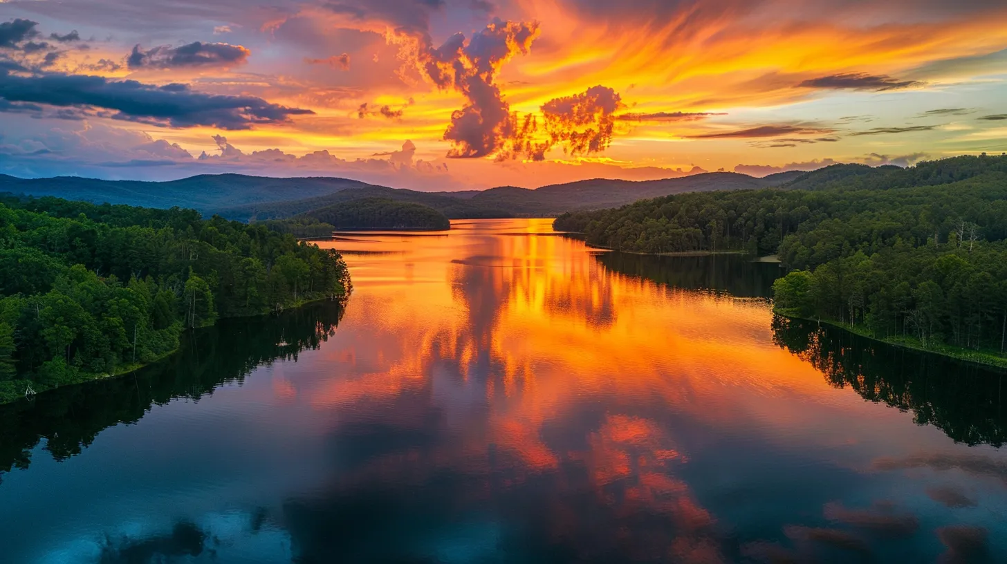 a vibrant sunset casts a warm glow over a tranquil lake, surrounded by lush green forest, reflecting the breathtaking colors of the sky on its glassy surface.