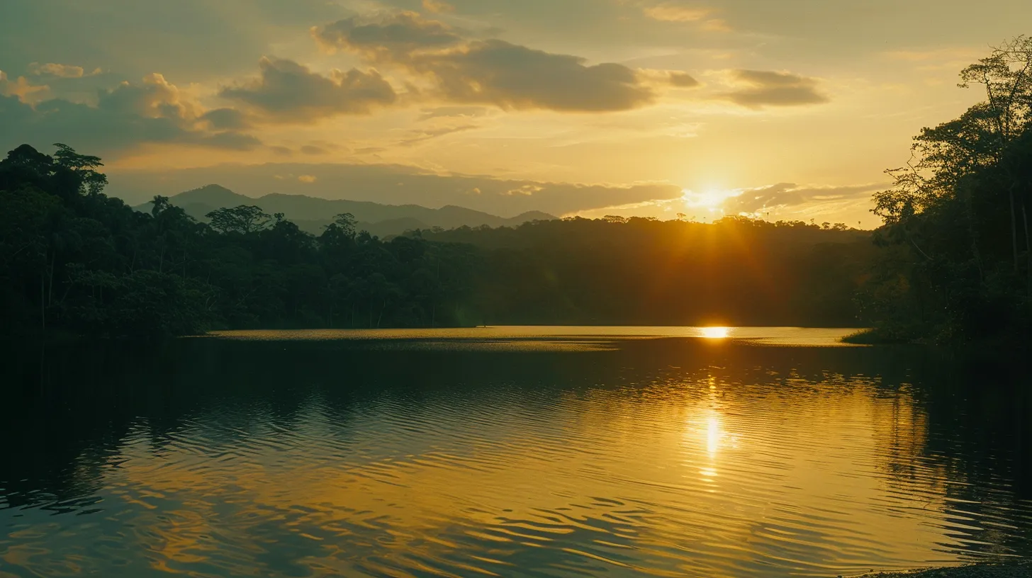 a vibrant sunset casts a golden hue over a tranquil lake, where lush green trees reflect perfectly on the water's surface, creating a serene and picturesque atmosphere.