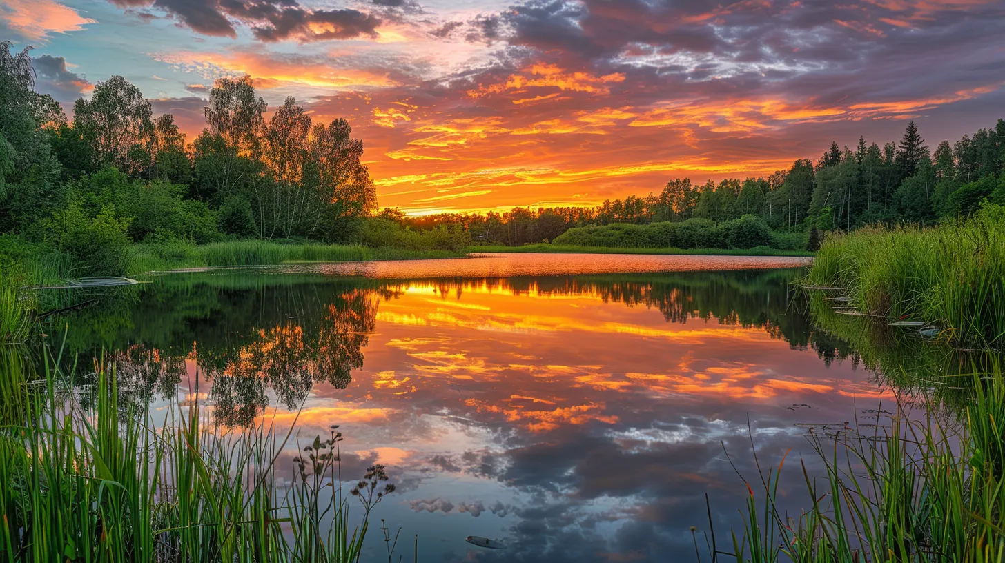 a vibrant sunset casts a warm golden glow over a serene, tranquil lake, reflecting the fiery colors of the sky and surrounding lush greenery.