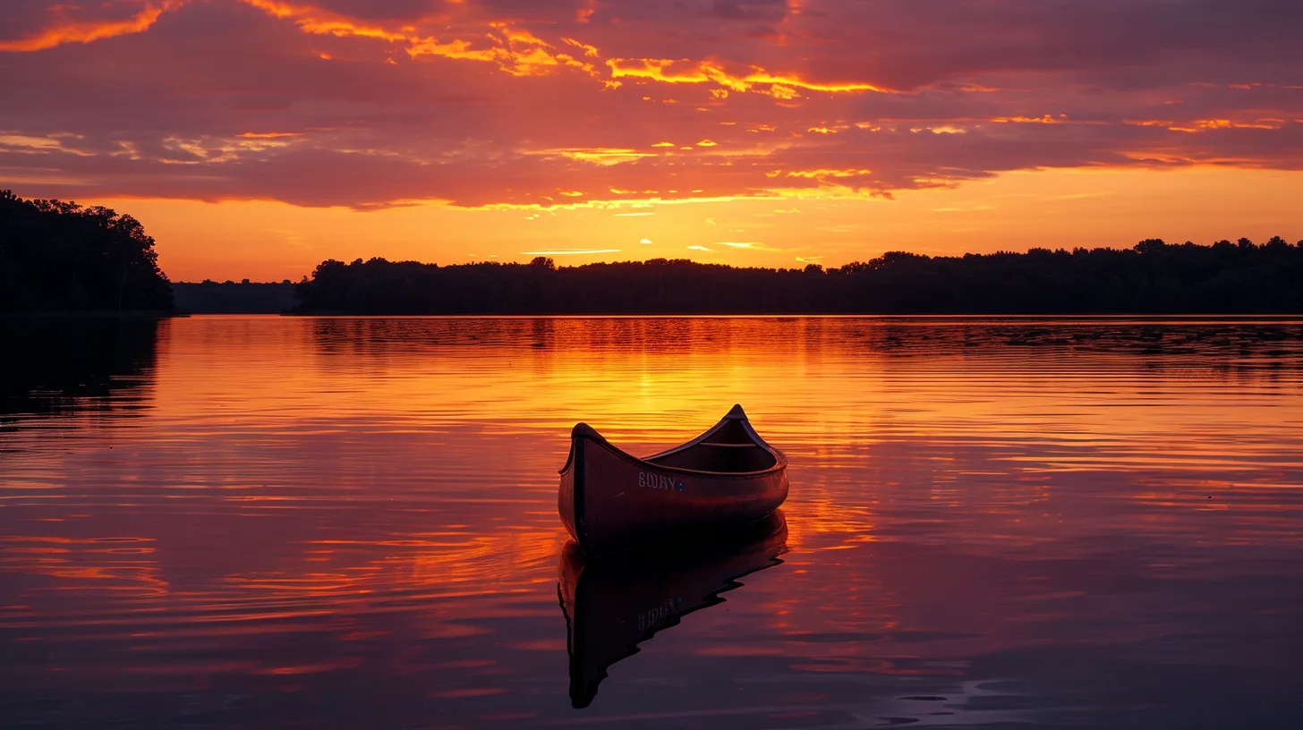 a vibrant sunset casts a golden hue over a tranquil lake, where the silhouette of a lone canoe glides peacefully across the shimmering water, reflecting the warm colors of the sky.