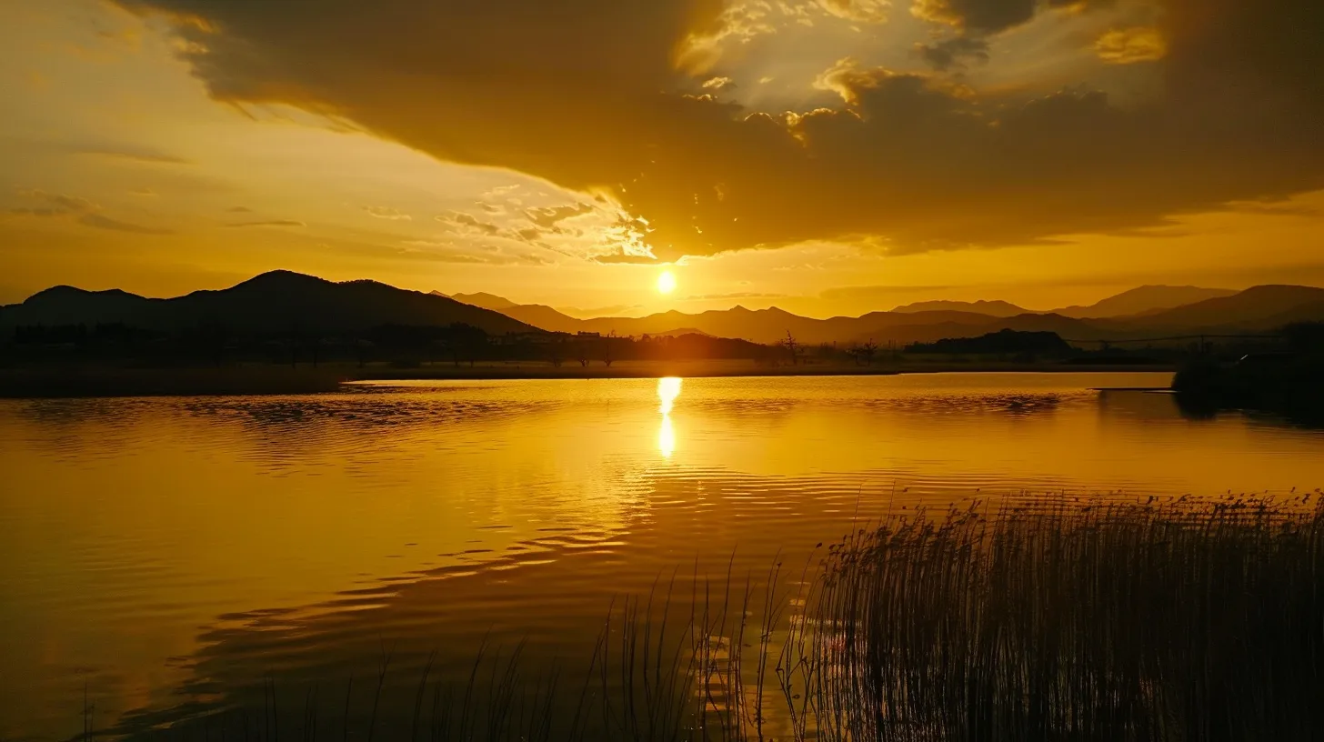 a vibrant sunset casts a warm golden glow over a serene lake, reflecting the dramatic silhouettes of towering mountains in the background.