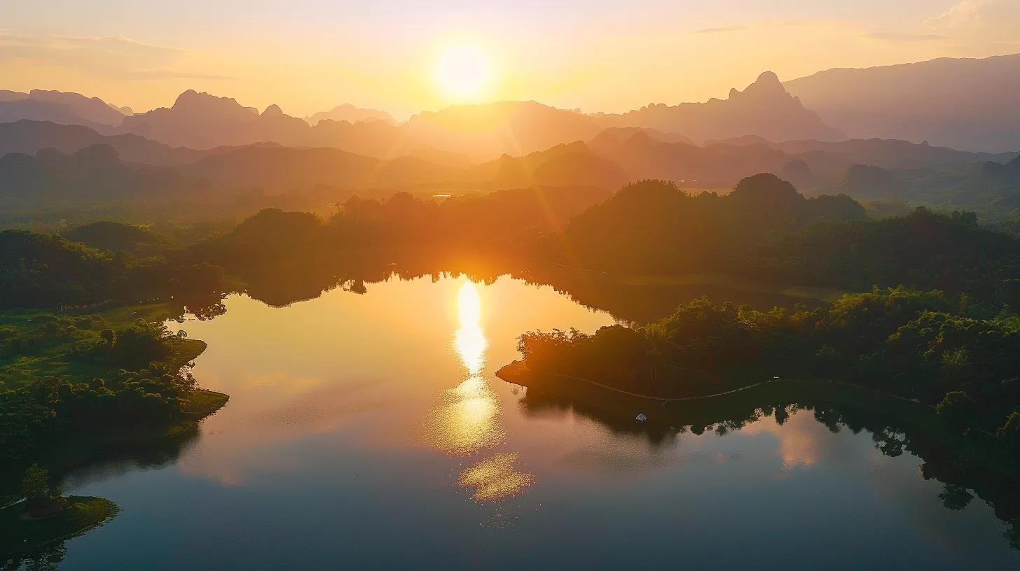 a vibrant sunset casts a warm golden glow over a serene lake, reflecting the lush green mountains surrounding it, creating an atmosphere of tranquil beauty.