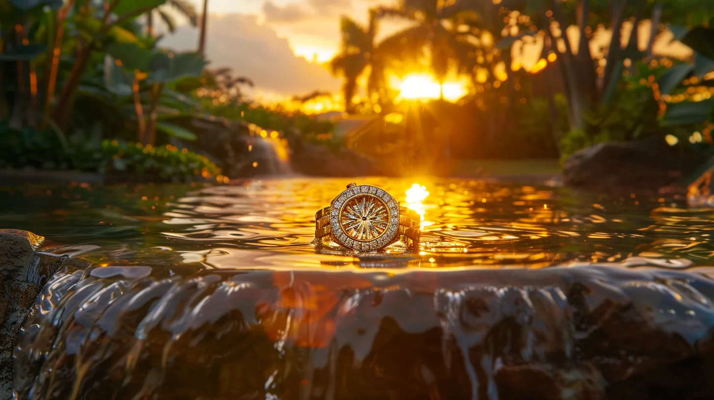 a vibrant sunset casts a warm golden glow over a tranquil lake, reflecting the fiery colors of the sky and surrounded by lush, verdant trees, creating a serene and captivating atmosphere.