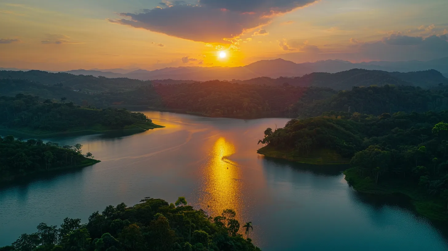 a vibrant sunset casts golden rays over a serene lake, reflecting the fiery colors and enhancing the tranquil beauty of the surrounding lush greenery.