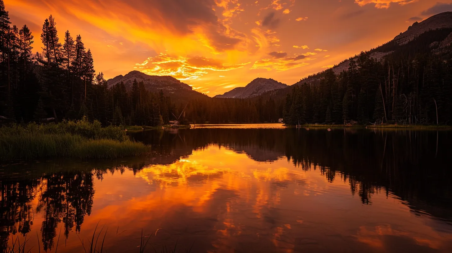 a vibrant sunset casts golden hues over a serene lake, reflecting the silhouette of towering mountains amidst a tranquil forest.