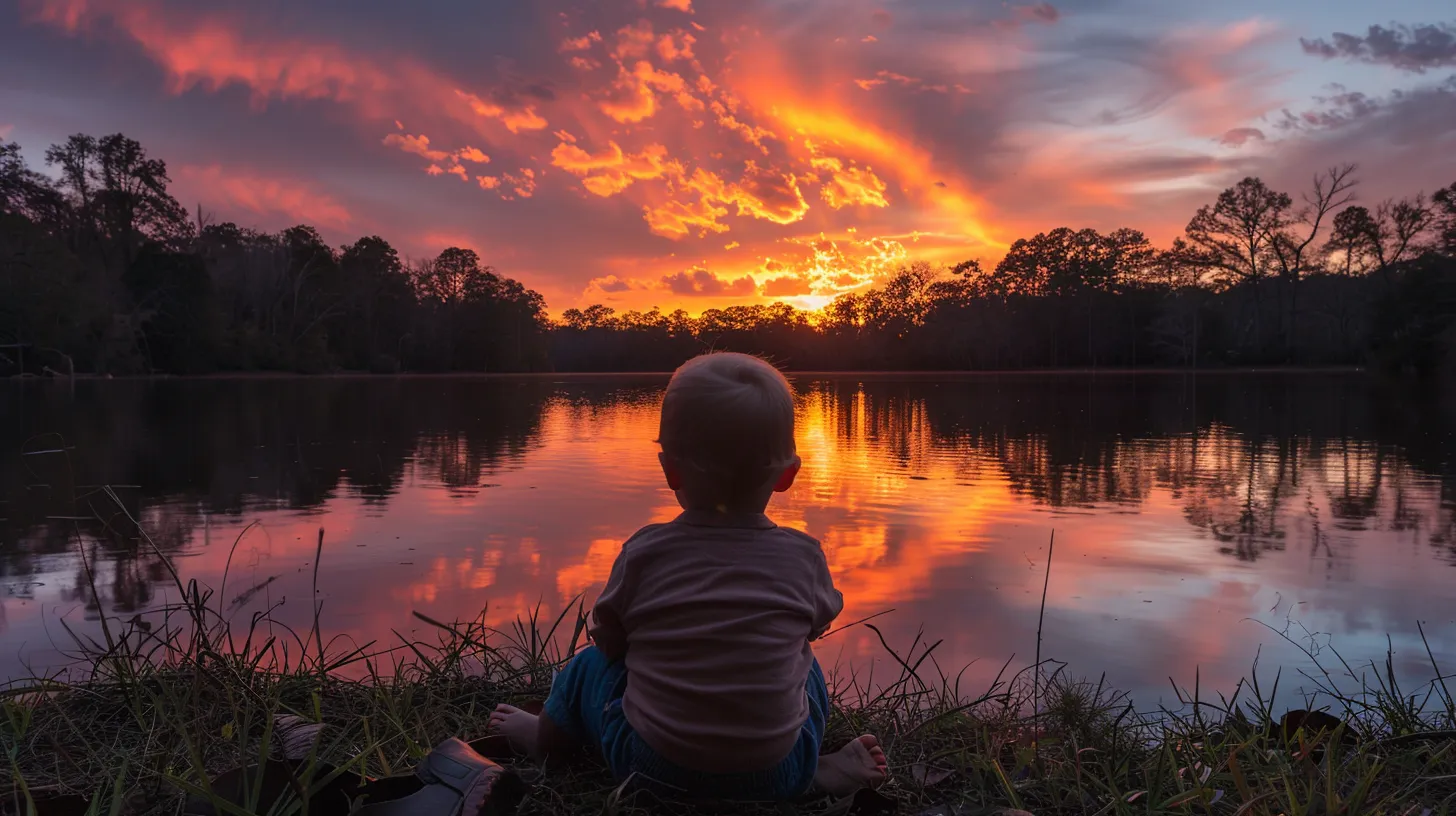 a vibrant sunset casts warm orange and pink hues over a tranquil lake, reflecting the colorful sky while silhouetted trees frame the serene waterscape.