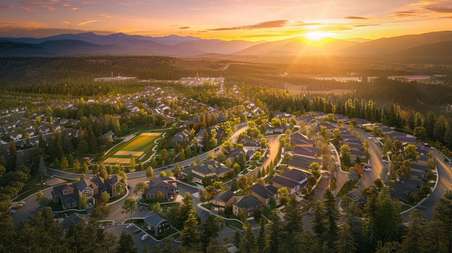 a breathtaking aerial view of conifer's lush landscapes showcases a harmonious blend of residential developments and pristine nature, highlighting the area's thriving property values amid a serene mountain backdrop under a vibrant sunset.