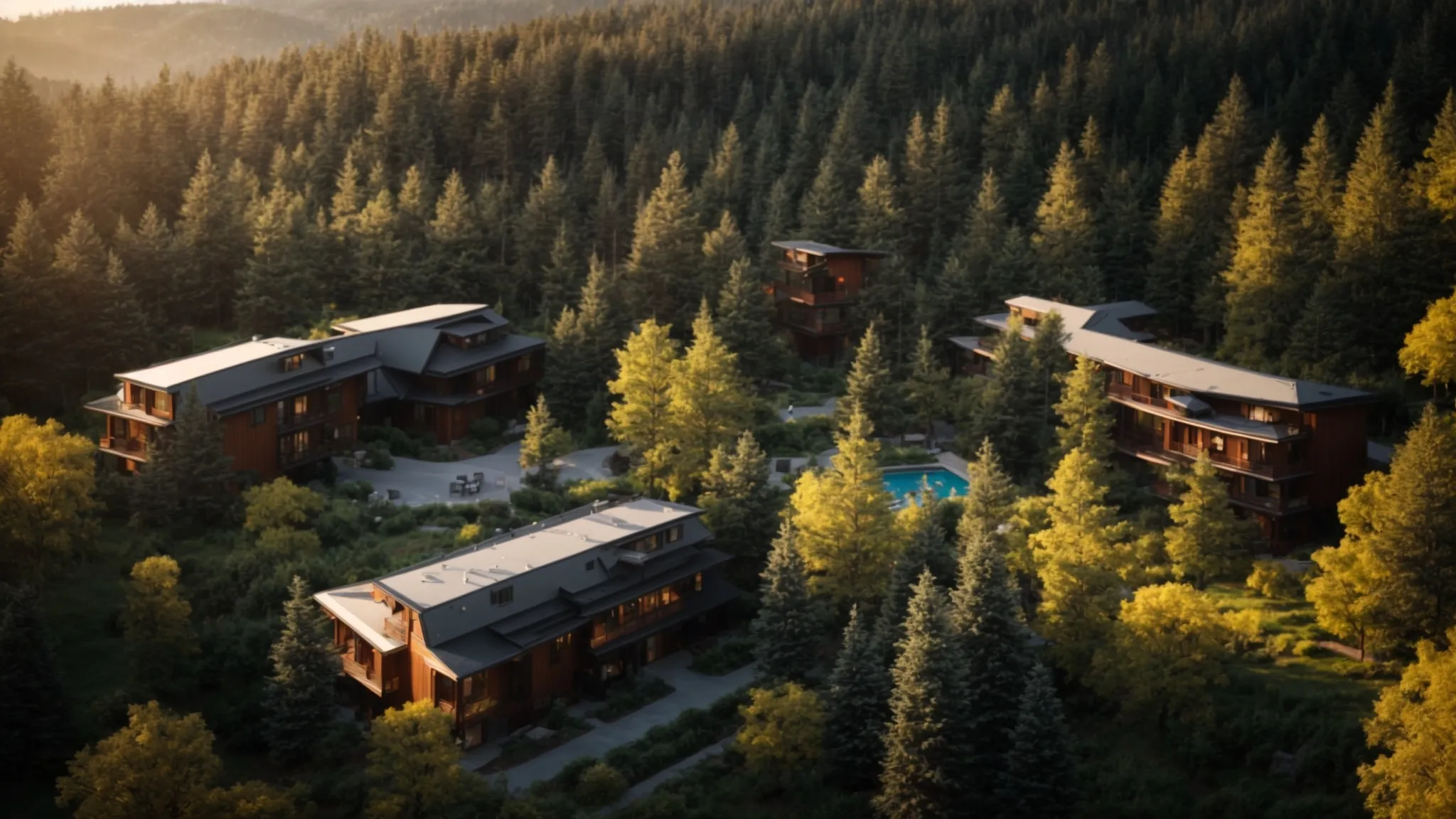 a lush conifer forest envelops a serene residential community, bathed in warm afternoon light, reflecting the harmony between nature and modern living as economic trends shape the landscape.