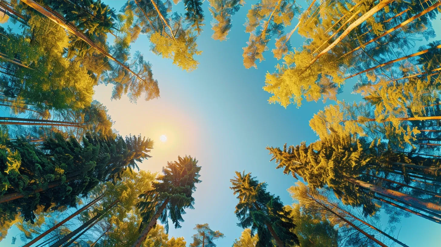 a panoramic view of a vibrant conifer forest under a clear blue sky, showcasing the diverse hues of green and sunlight filtering through the branches, symbolizing the thriving regional real estate market influenced by environmental factors.