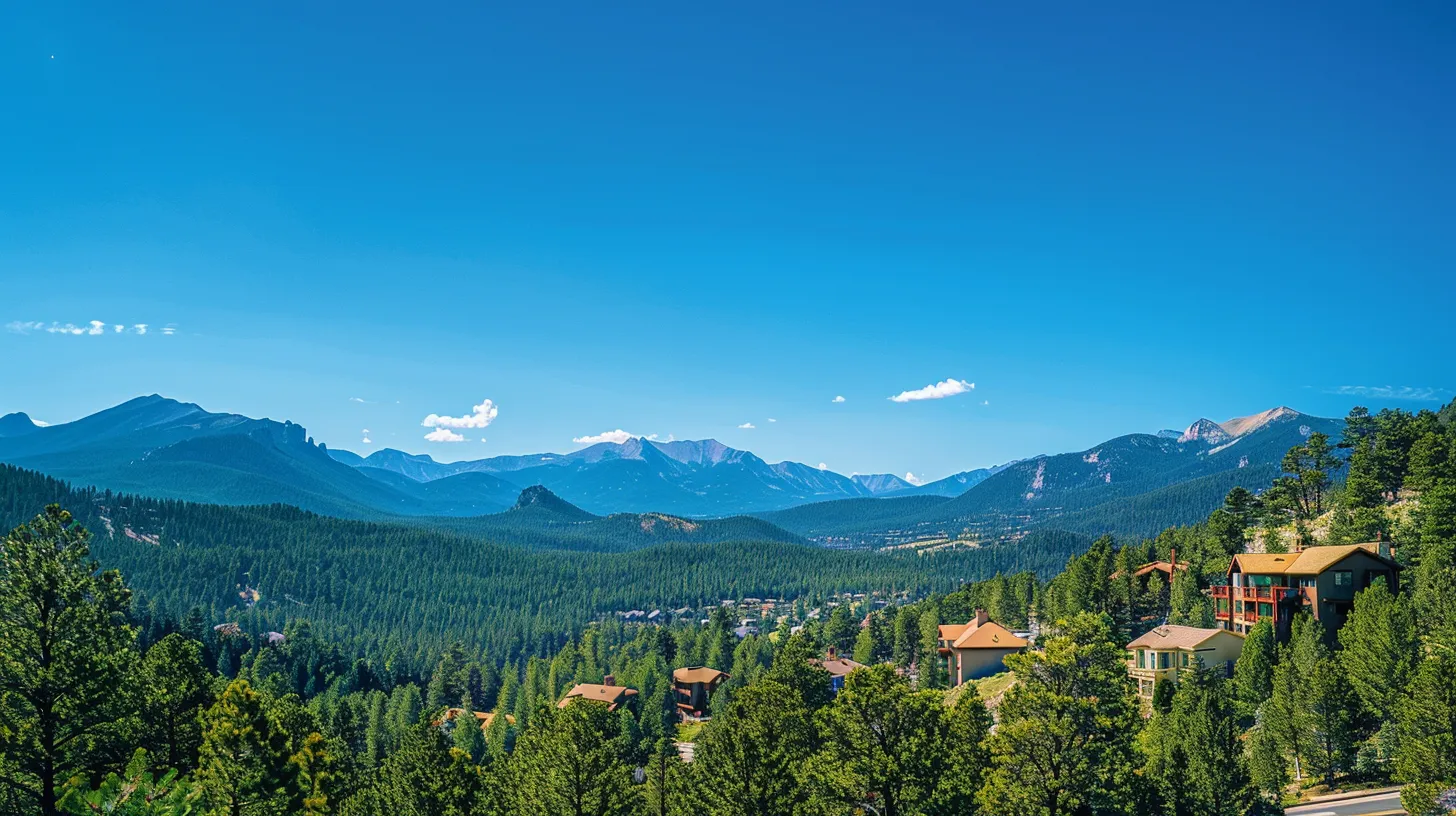 a panoramic view of a vibrant mountain community in conifer, co, showcasing picturesque homes nestled among lush pine forests against a backdrop of towering peaks under a clear blue sky, symbolizing the dynamic real estate market and community appeal.