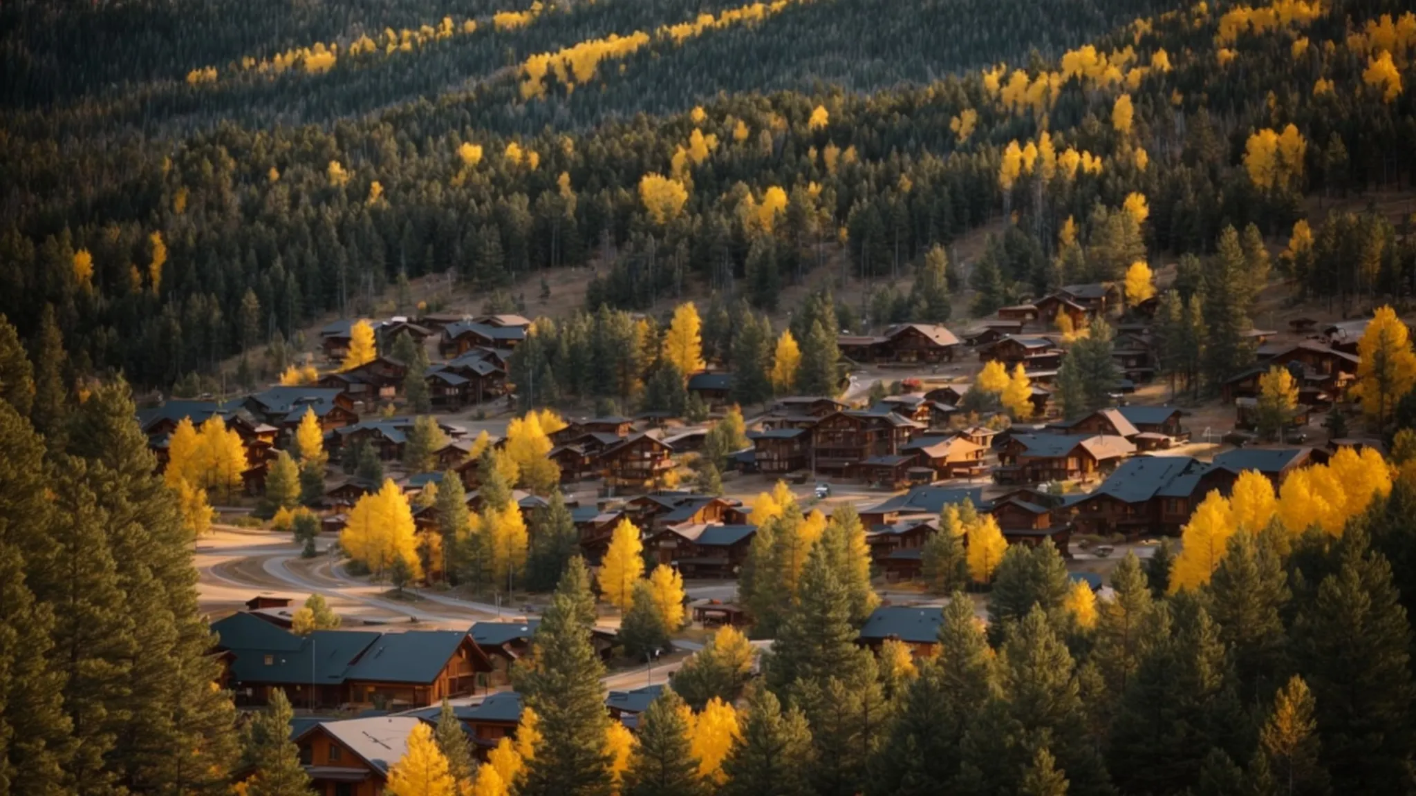 a panoramic view of conifer, colorado, showcasing the picturesque neighborhoods nestled among lush pine forests and rolling hills, bathed in golden sunlight to highlight the vibrant community atmosphere.