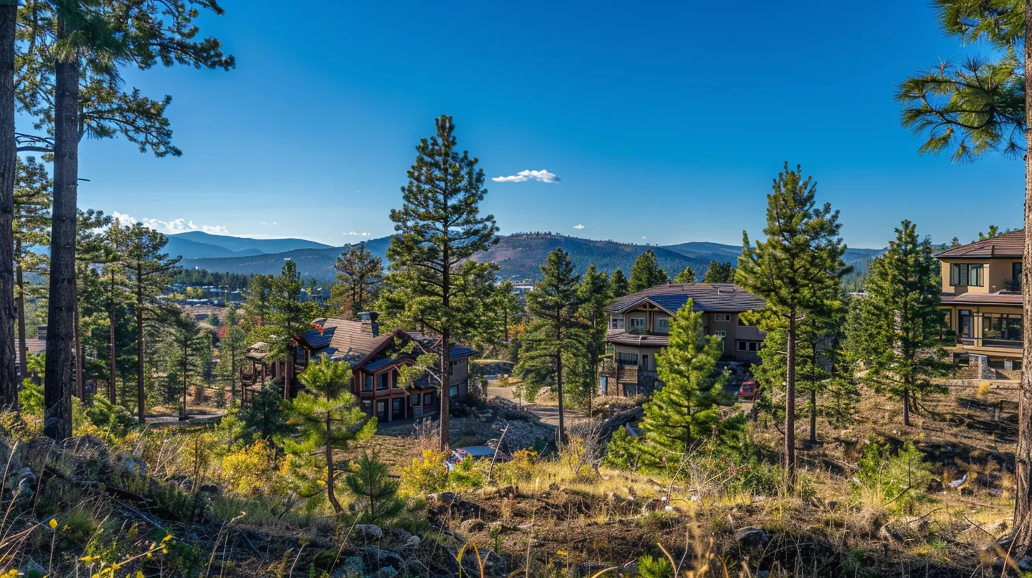 a panoramic view of the conifer real estate market, showcasing spacious, inviting homes nestled among lush pine trees, with vibrant community energy visible in the background under a clear blue sky.