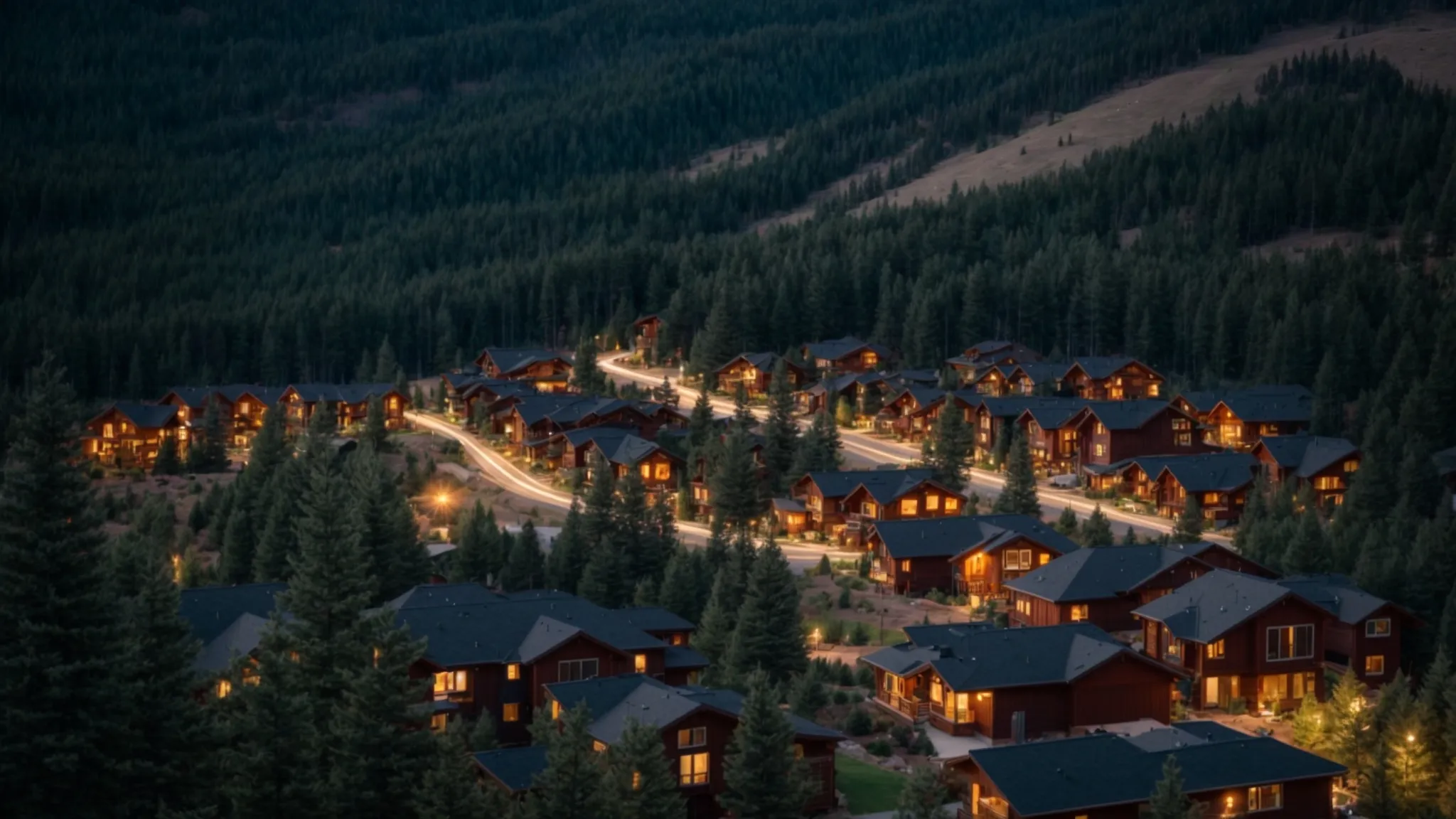 a panoramic view of the scenic conifer, co landscape, showcasing a thriving housing community nestled among towering conifers, with modern homes illuminated by the warm glow of sunset, symbolizing the dynamic shift in the local real estate market amid emerging development trends.