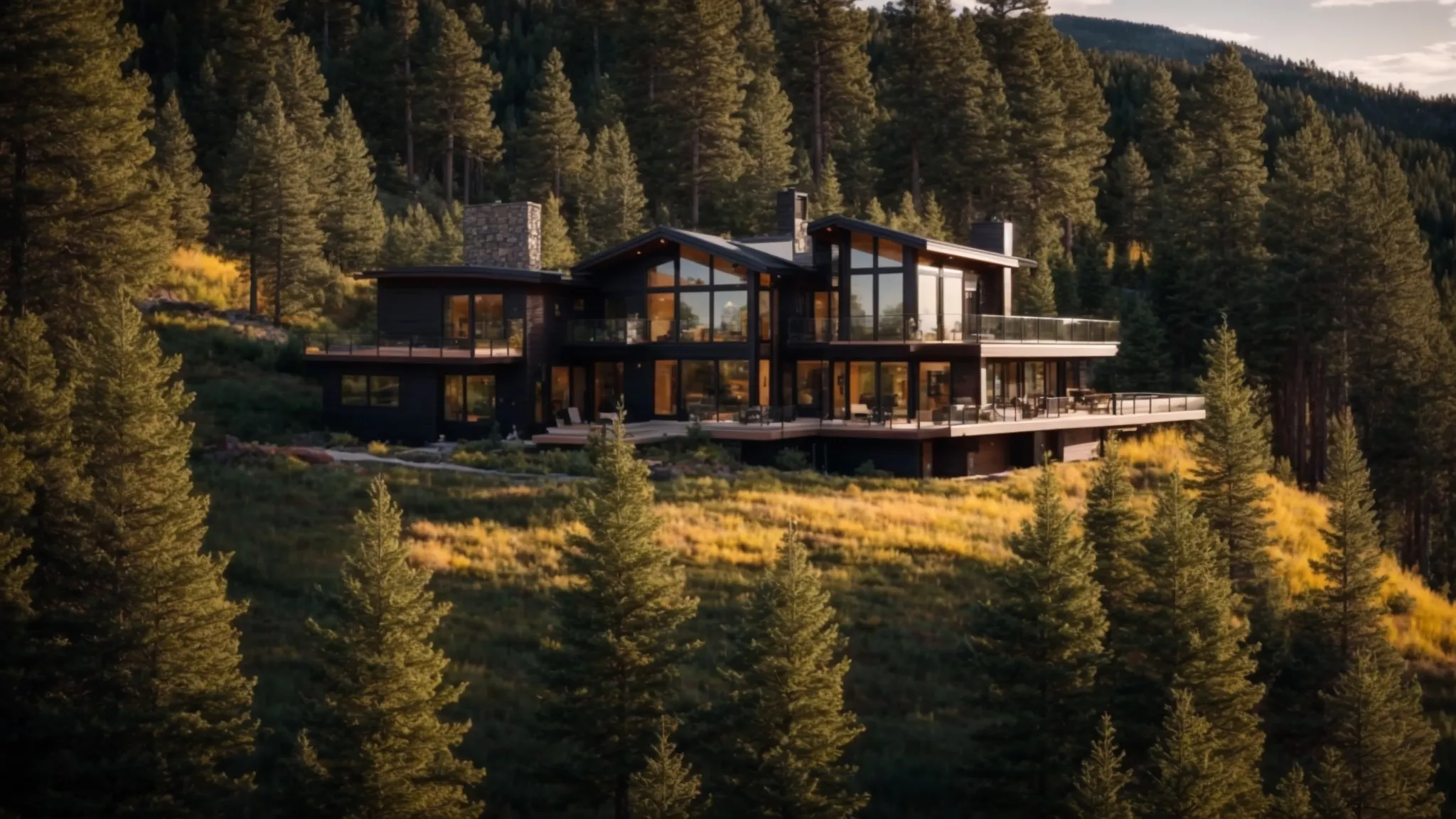 a picturesque mountain landscape in conifer, colorado showcases modern homes nestled among lush evergreen trees, symbolizing thriving investment opportunities in real estate amidst breathtaking natural beauty.