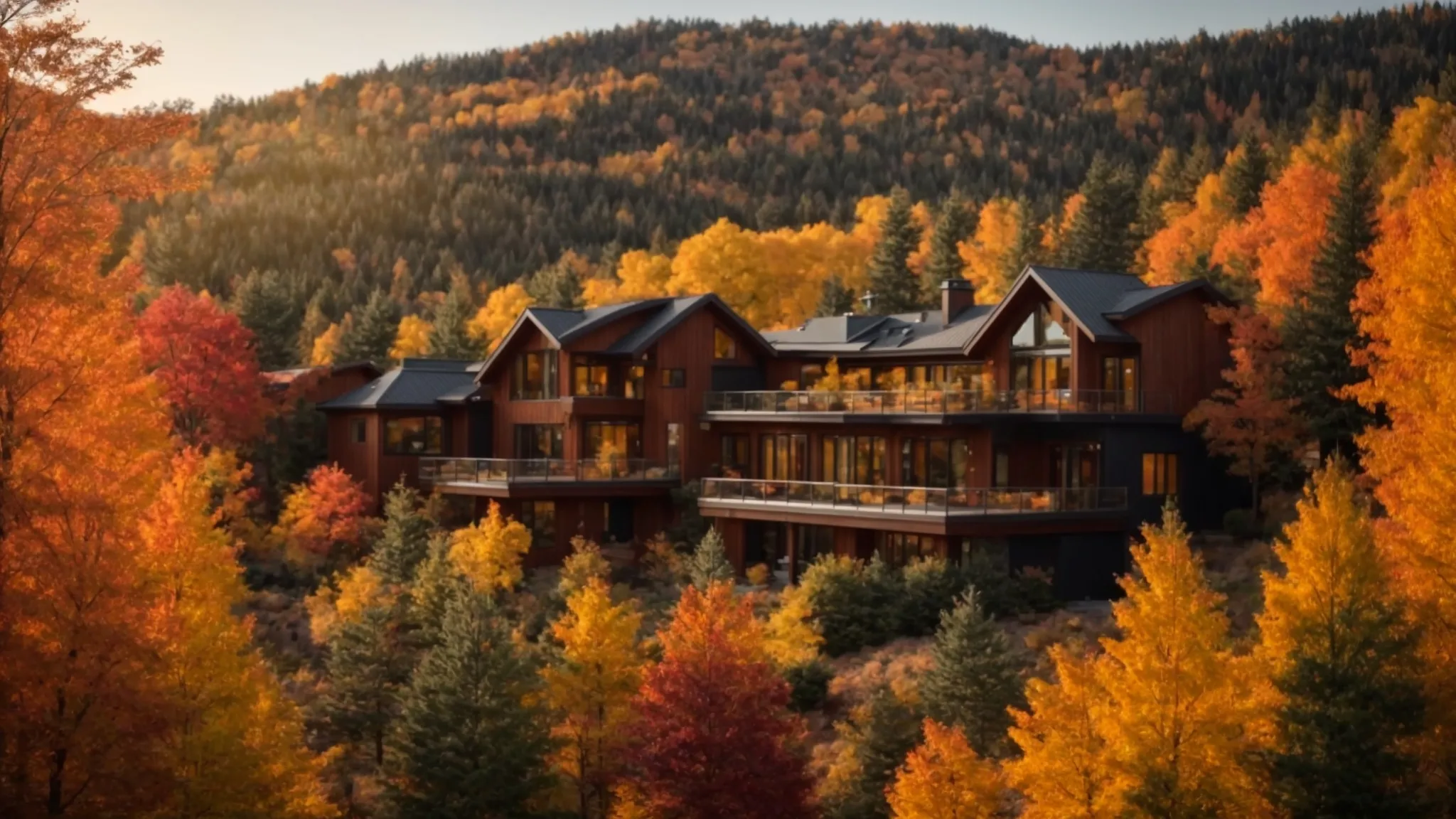 a vibrant autumn landscape of conifer showcases a booming real estate market with modern homes nestled among colorful trees, symbolizing economic growth and community prosperity.