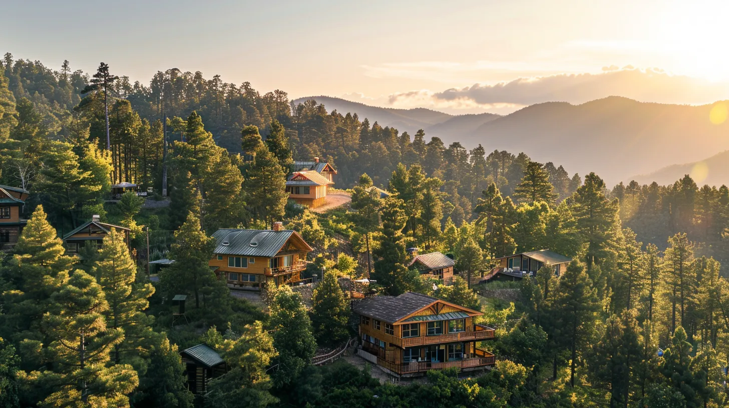 a vibrant landscape showcasing eco-friendly homes nestled among thriving conifer trees, under a bright, clear sky that highlights the harmony between sustainable living and nature.