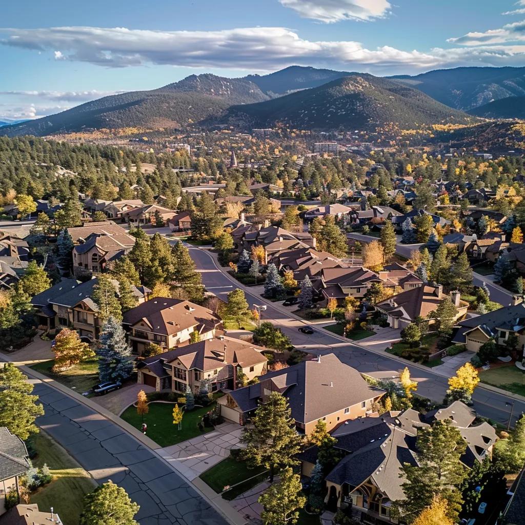 Aerial view of Evergreen neighborhoods showcasing diverse home styles and community layout