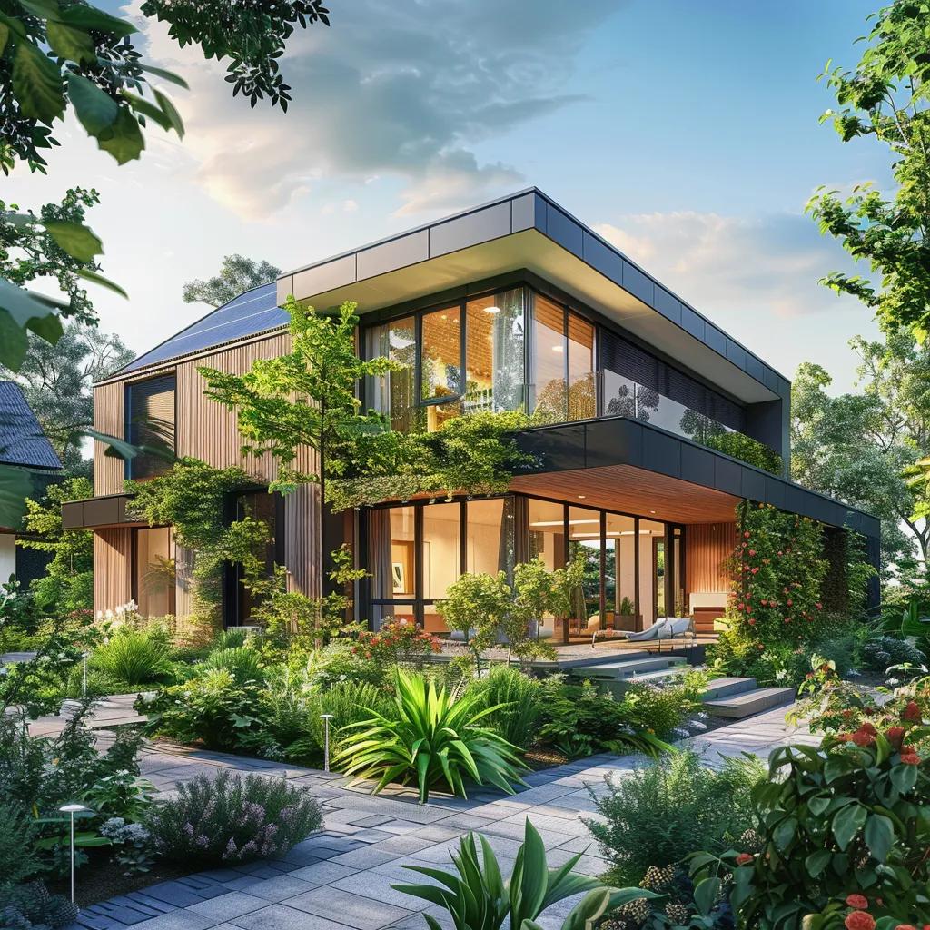 Eco-friendly modern home with solar panels and sustainable landscaping