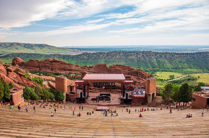 A sweeping view of Red Rocks Amphitheatre and the Morrison, CO foothills.